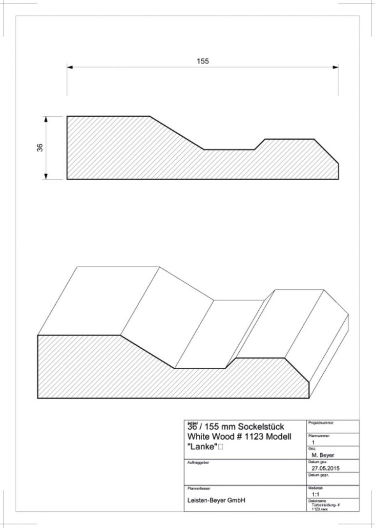 36 mm x 155 mm Türbekleidung Sockelstück White Wood (Zeichnung)