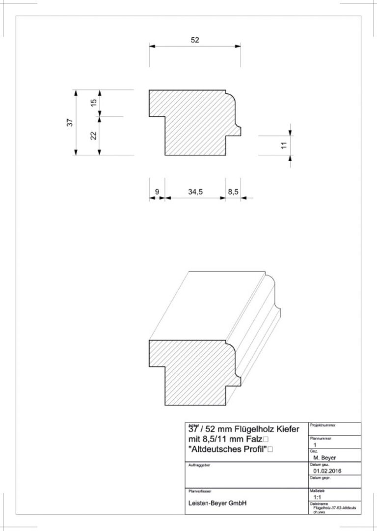 37 mm x 52 mm Fensterprofil Flügelholz Kiefer mit 8,5 mm x 11 mm Falz (Zeichnung)