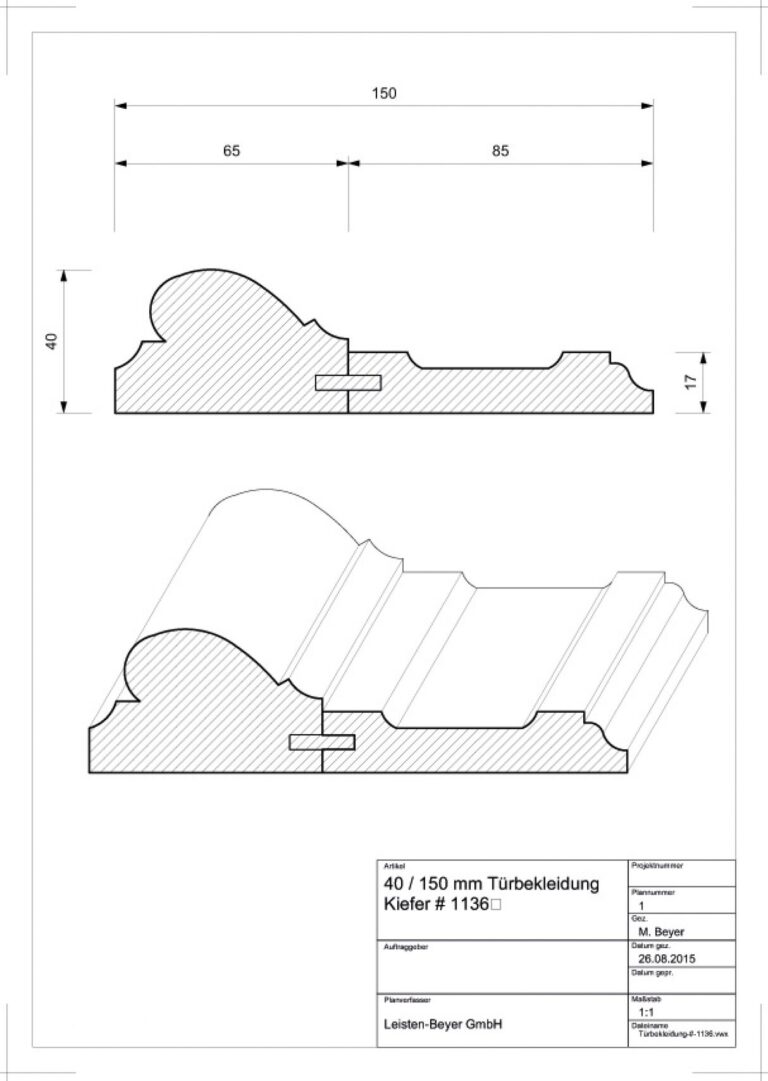 40 mm x 150 mm Türbekleidung Kiefer # 1136 (Zeichnung)