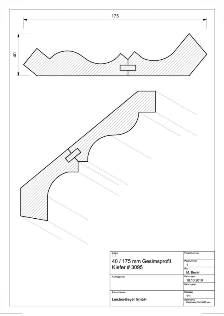 40 mm x 175 mm Gesimsprofil Kiefer # 3095 (Zeichnung)