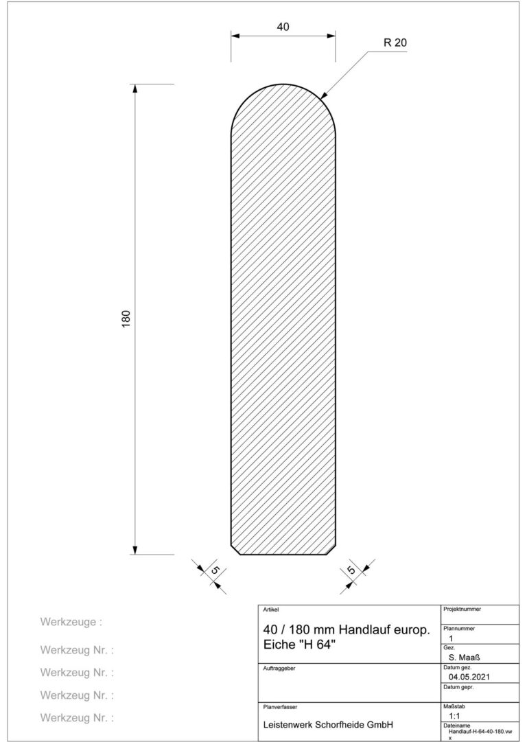 40 mm x 180 mm Handlauf Eiche Typ H 64 (Zeichnung)