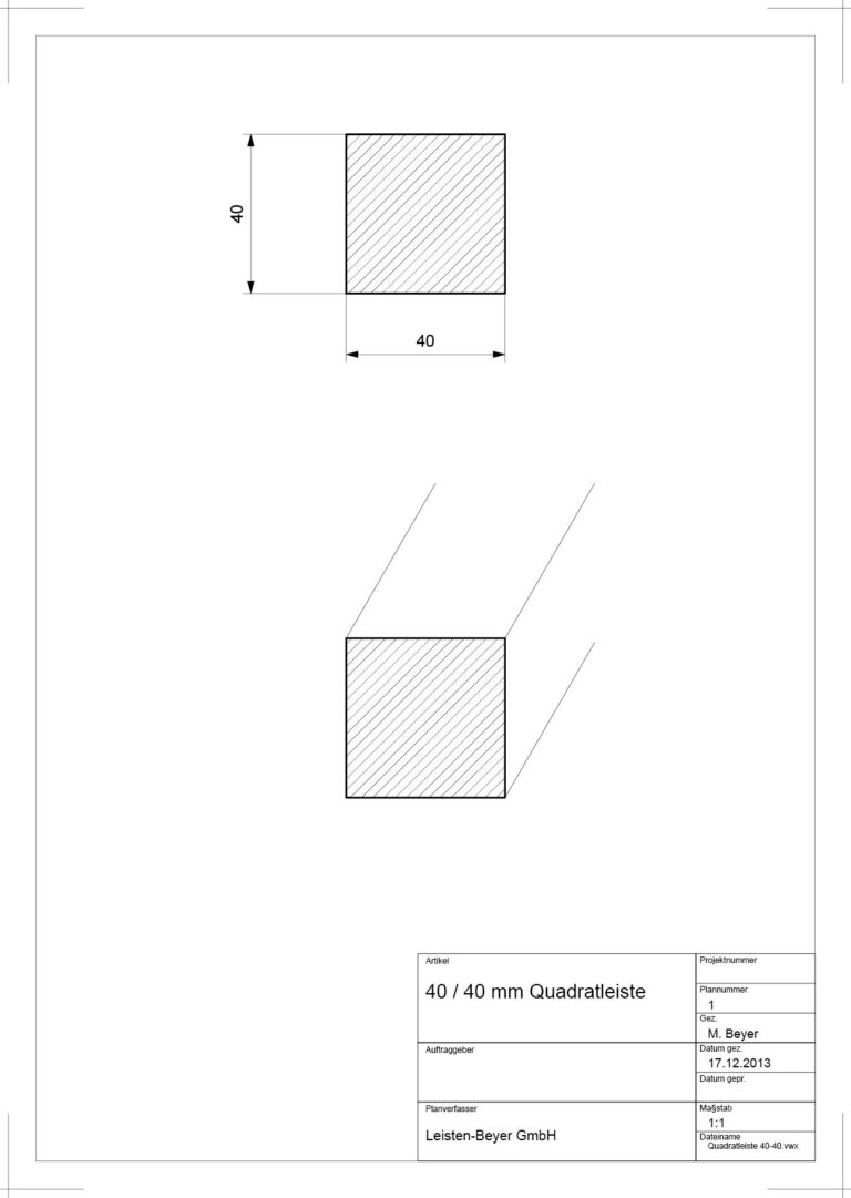 40 mm x 40 mm Quadratleiste (Zeichnung)