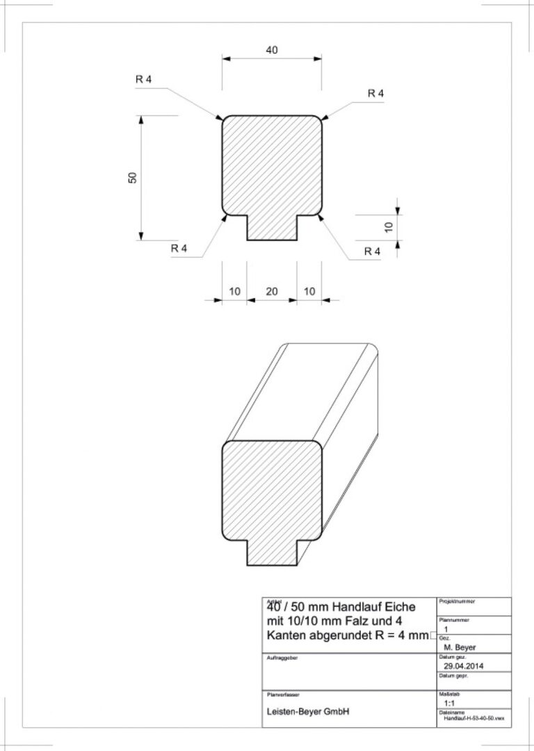 40 mm x 50 mm Handlauf Eiche Typ H 53 (Zeichnung)