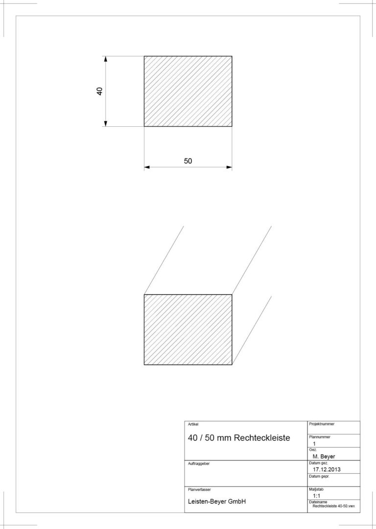 40 mm x 50 mm Rechteckleiste (Zeichnung)