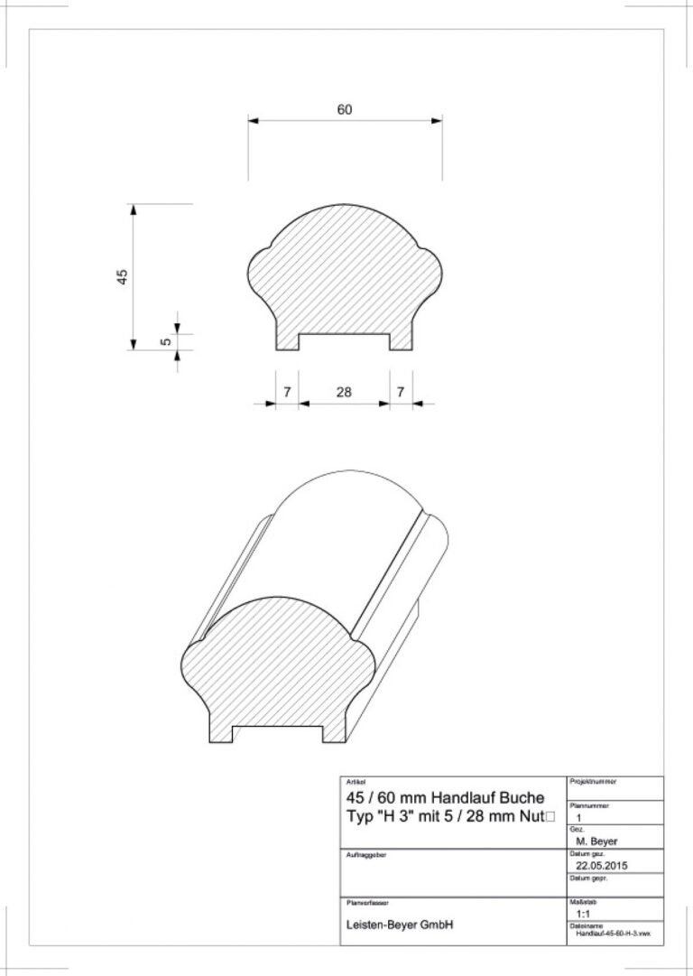 40 mm x 60 mm Handlauf Buche Typ H 3 (Zeichnung)