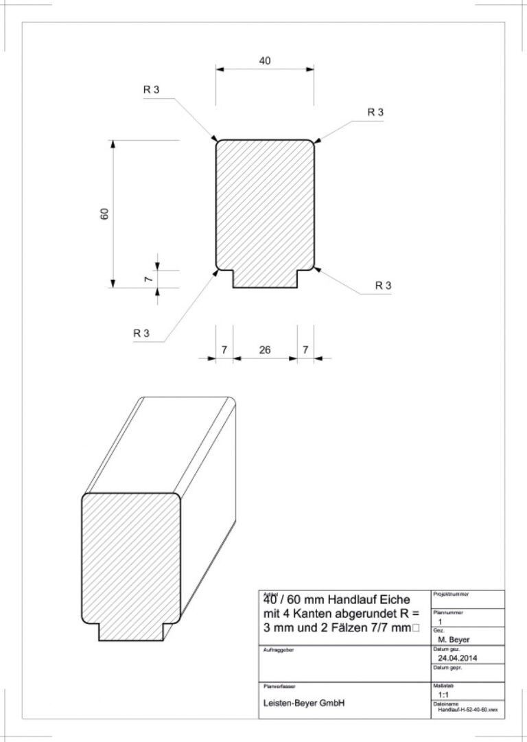 40 mm x 60 mm Handlauf Eiche Typ H 52 (Zeichnung)