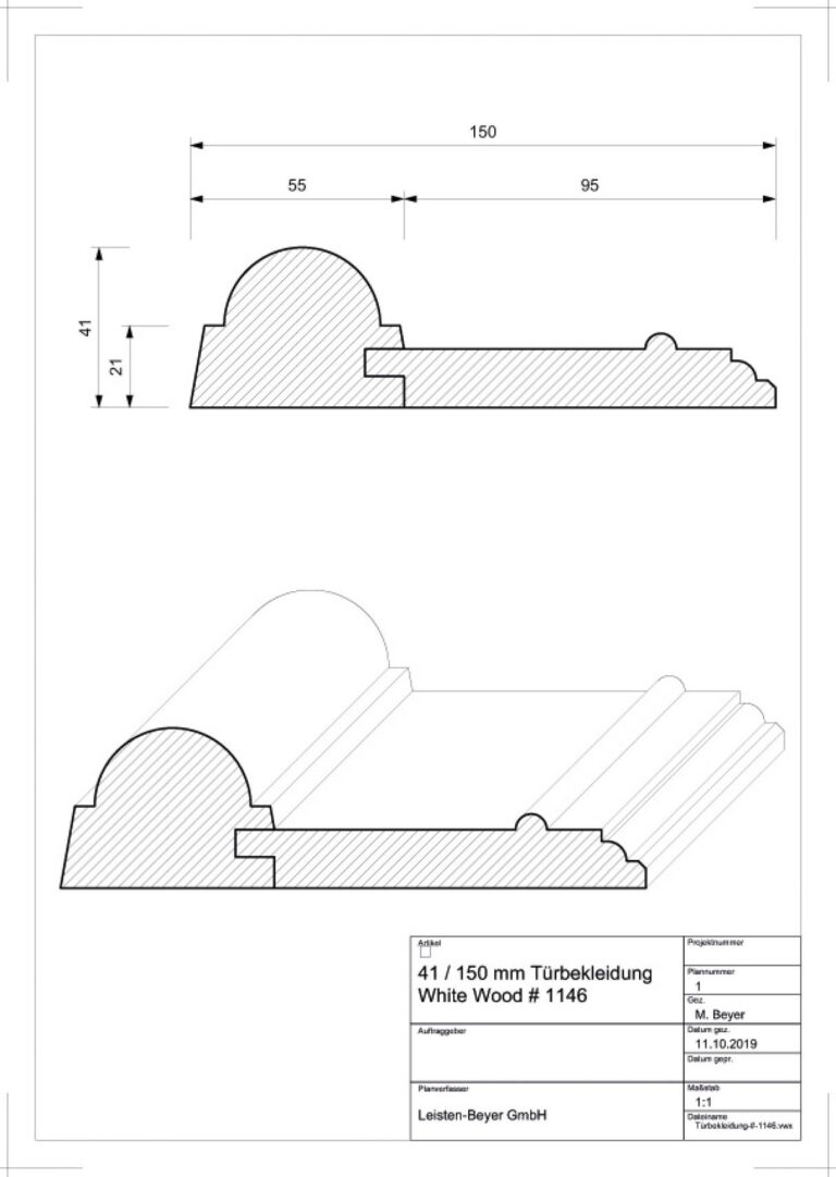 41 mm x 150 mm Türbekleidung White Wood # 1146 (Zeichnung)