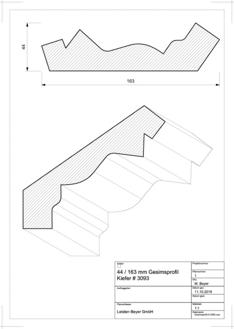 44 mm x 163 mm Gesimsprofil Kiefer # 3093 (Zeichnung)