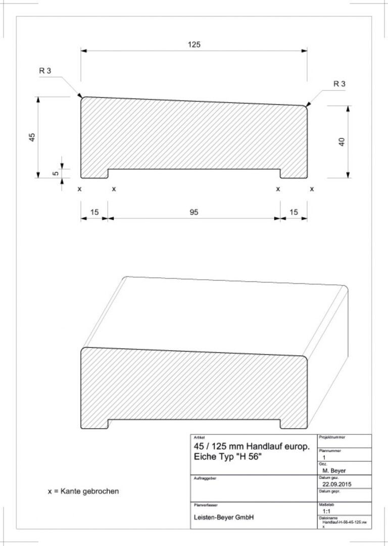 45 mm x 125 mm Handlauf Eiche Typ H 56 (Zeichnung)