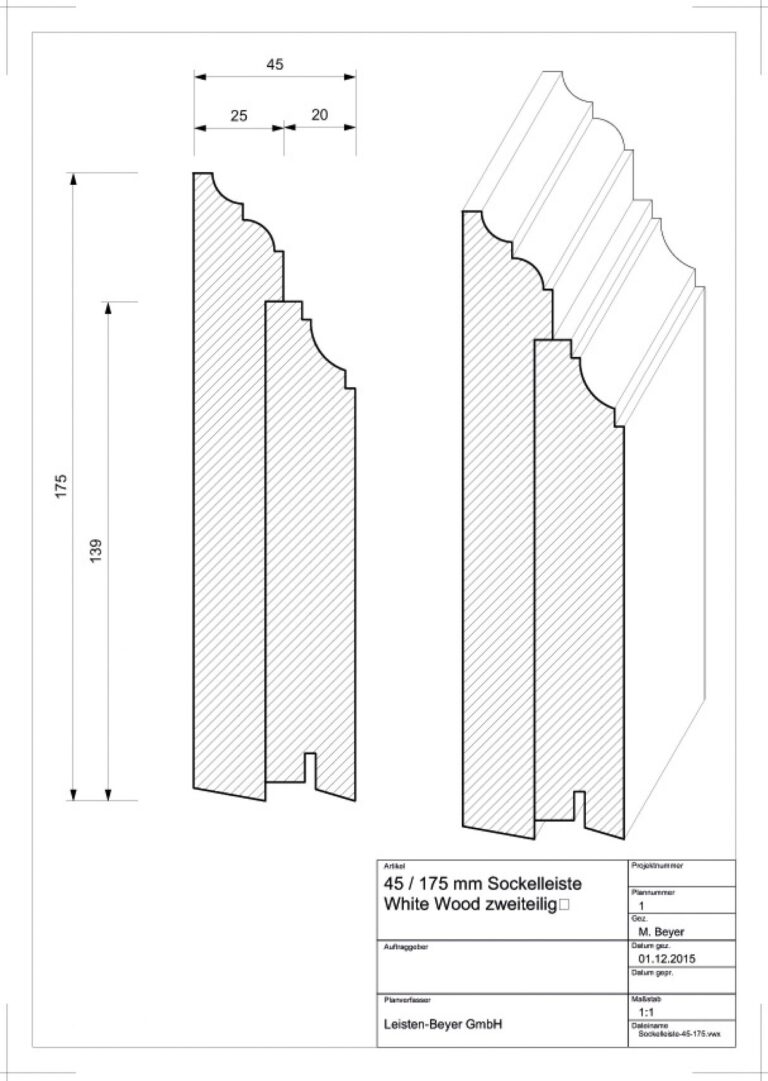 45 mm x 175 mm Scheuerleiste White Wood zweiteilig (Zeichnung)