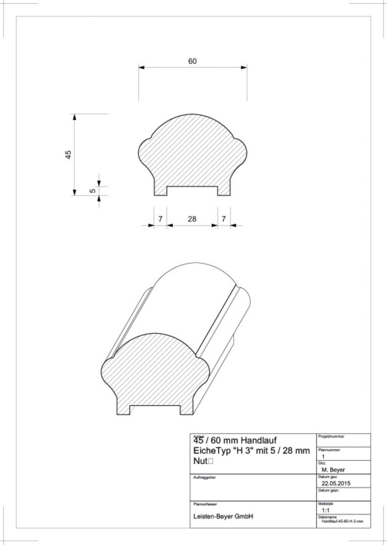 45 mm x 60 mm Handlauf Eiche Typ H 3 (Zeichnung)