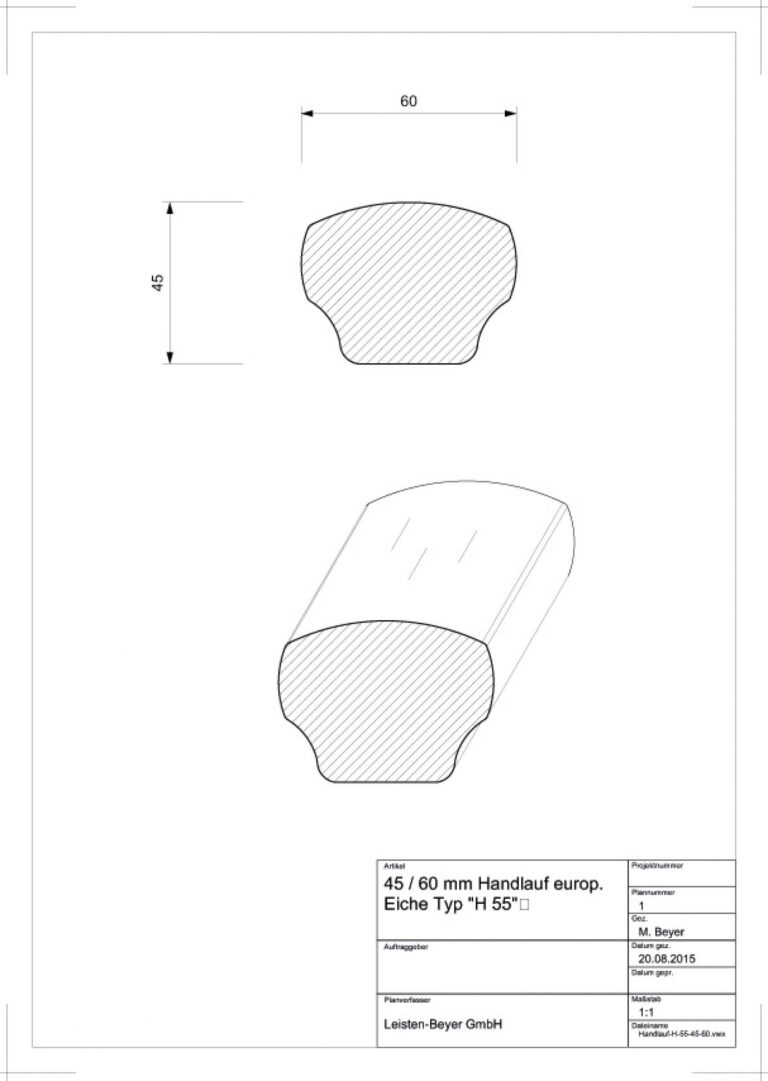 45 mm x 60 mm Handlauf Eiche Typ H 55 (Zeichnung)