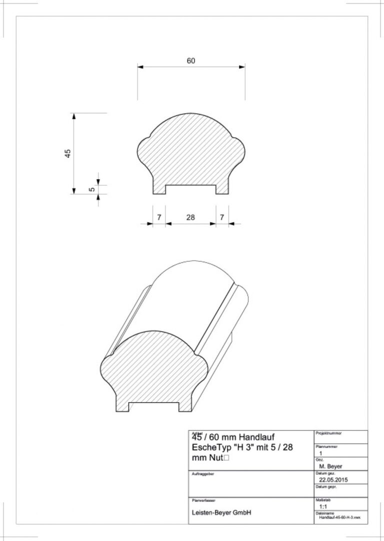 45 mm x 60 mm Handlauf Esche Typ H 3 (Zeichnung)