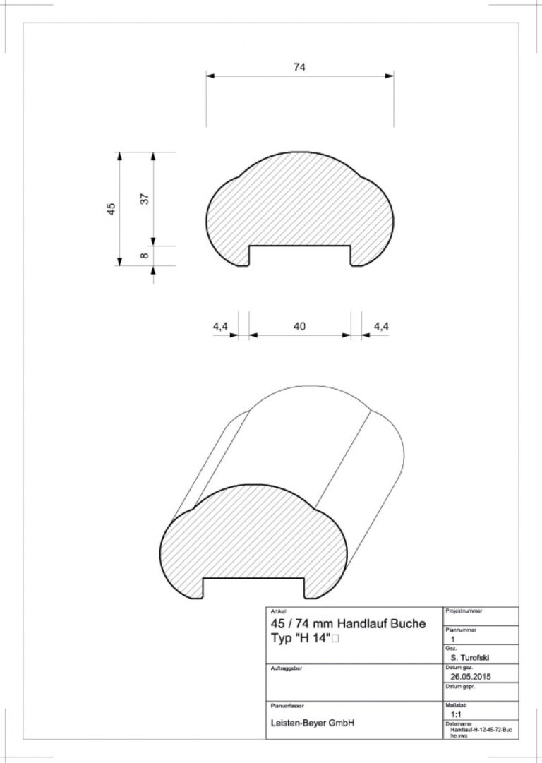 45 mm x 74 mm Handlauf Buche Typ H 14 (Zeichnung)