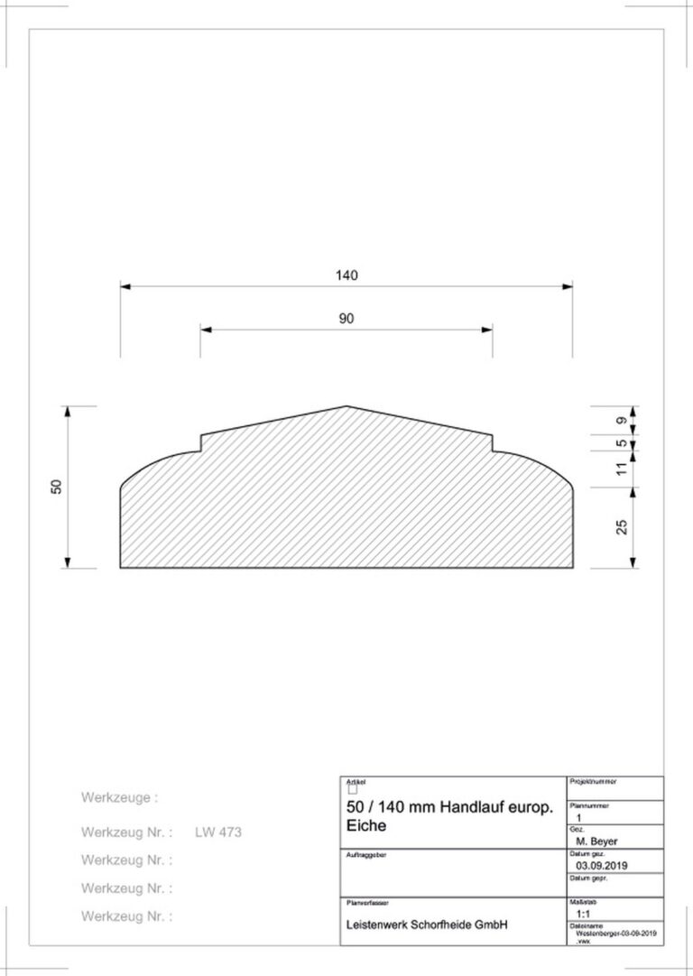 50 mm x 140 mm Handlauf Eiche Typ H 60 (Zeichnung)
