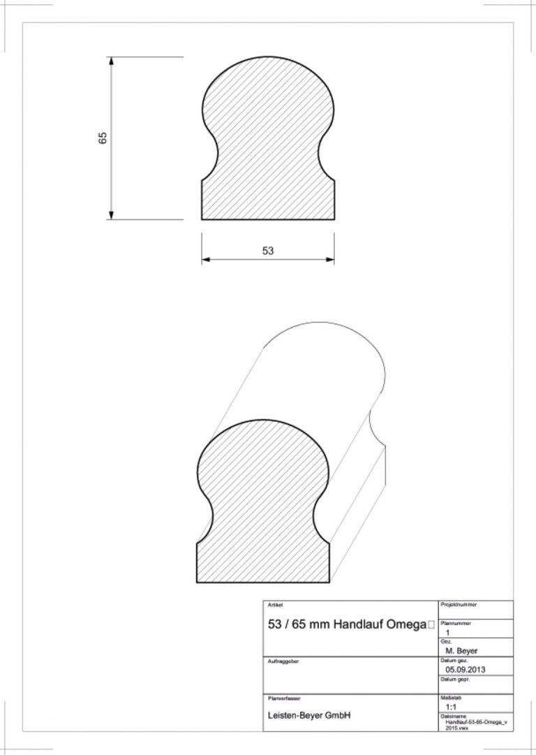 53 mm x 65 mm Handlauf Buche Omega Typ H 11 (Zeichnung)