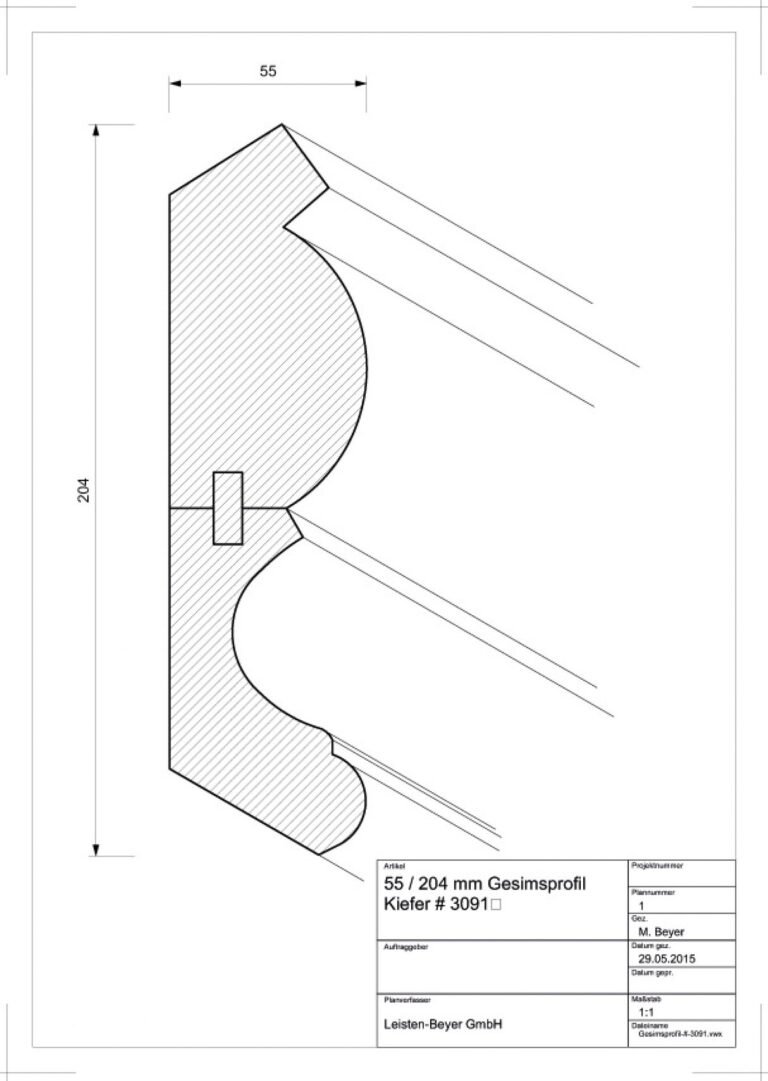 55 mm x 204 mm Gesimsprofil Kiefer # 3091 (Zeichnung)