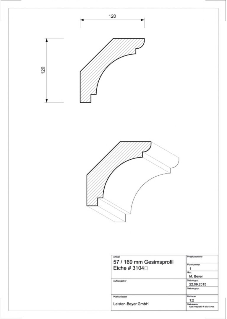 57 mm x 169 mm Gesimsprofil Eiche # 3104 (Zeichnung)