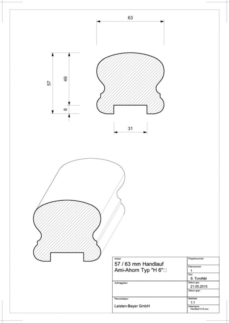 57 mm x 63 mm Handlauf Ami Ahorn Typ H 6 (Zeichnung)