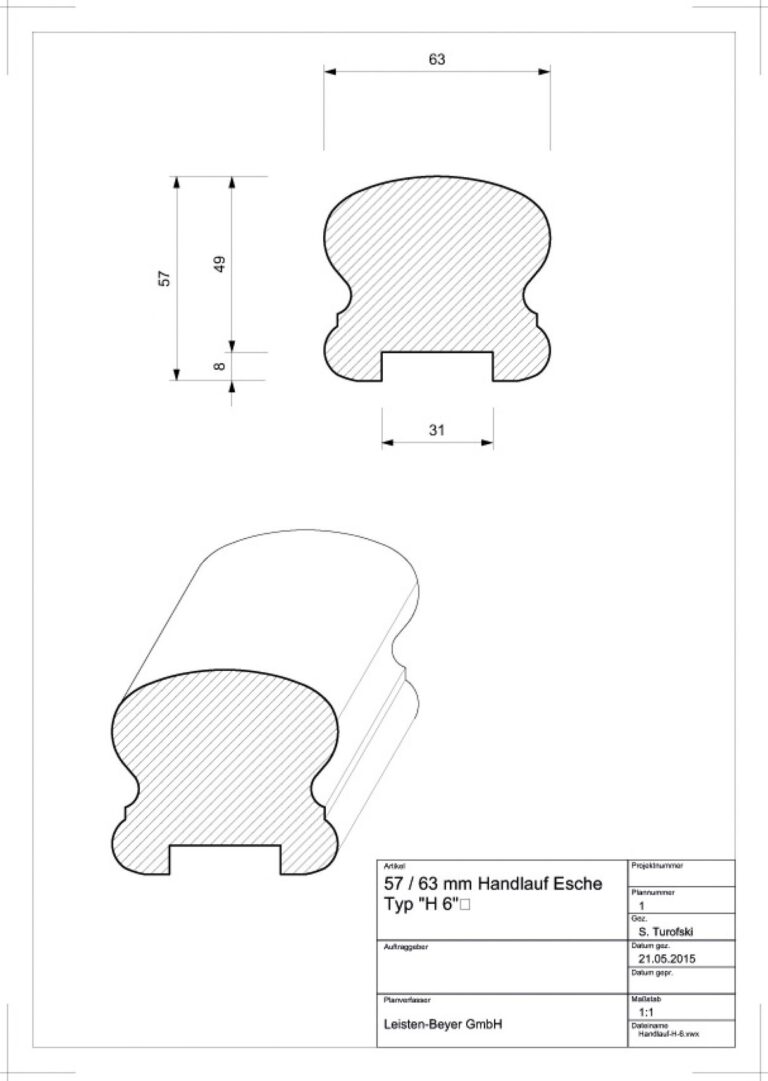 57 mm x 63 mm Handlauf Esche Typ H 6 (Zeichnung)