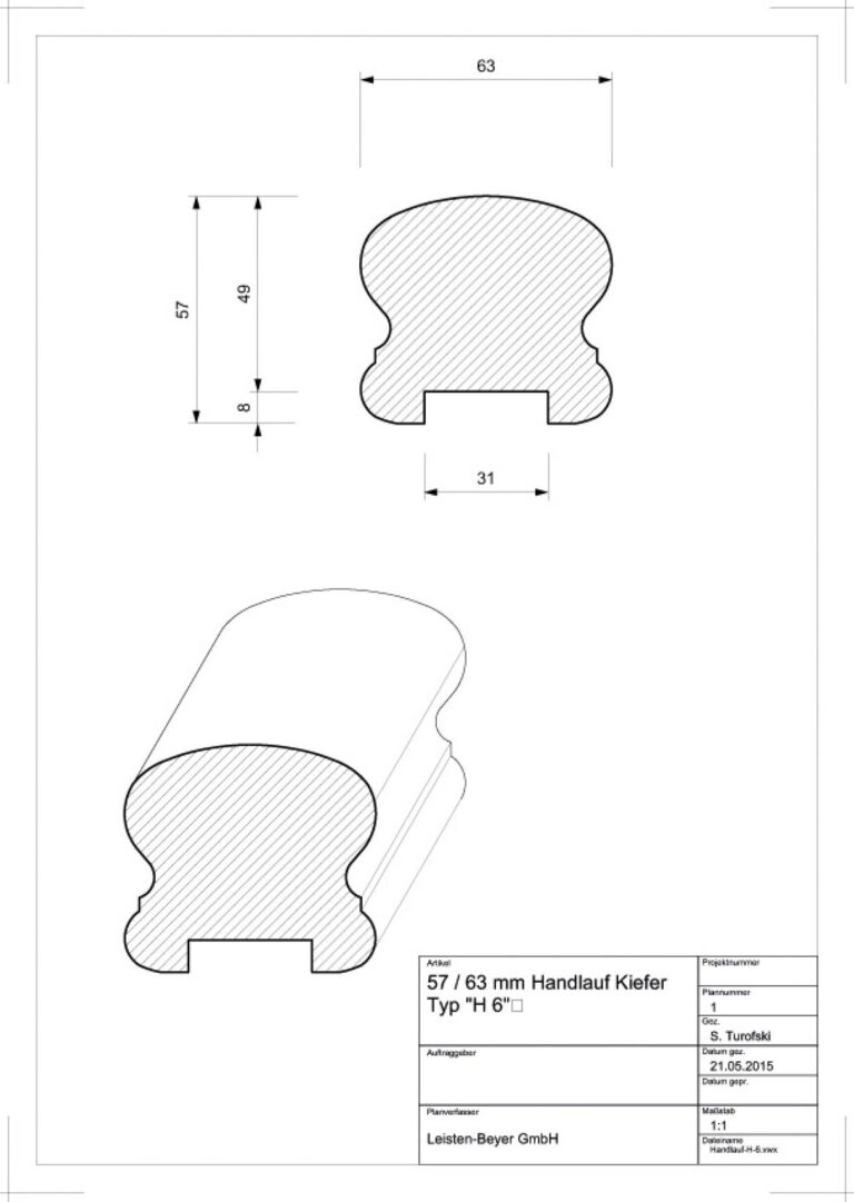 57 mm x 63 mm Handlauf Kiefer Typ H 6 (Zeichnung)