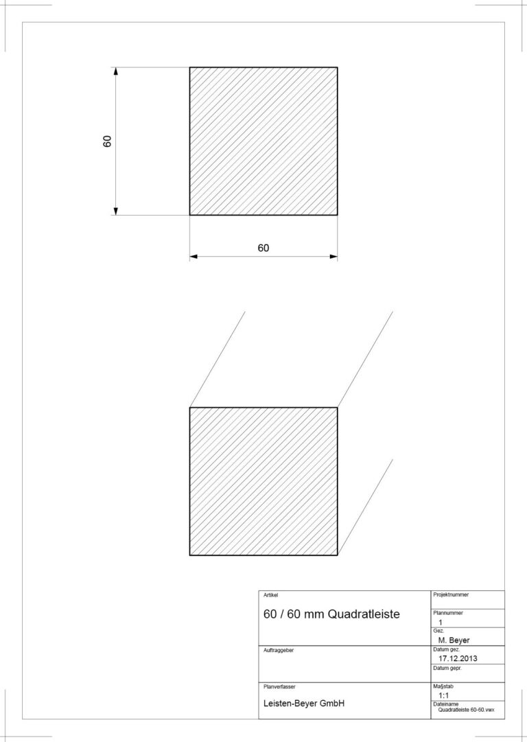 60 mm x 60 mm Quadratleiste (Zeichnung)