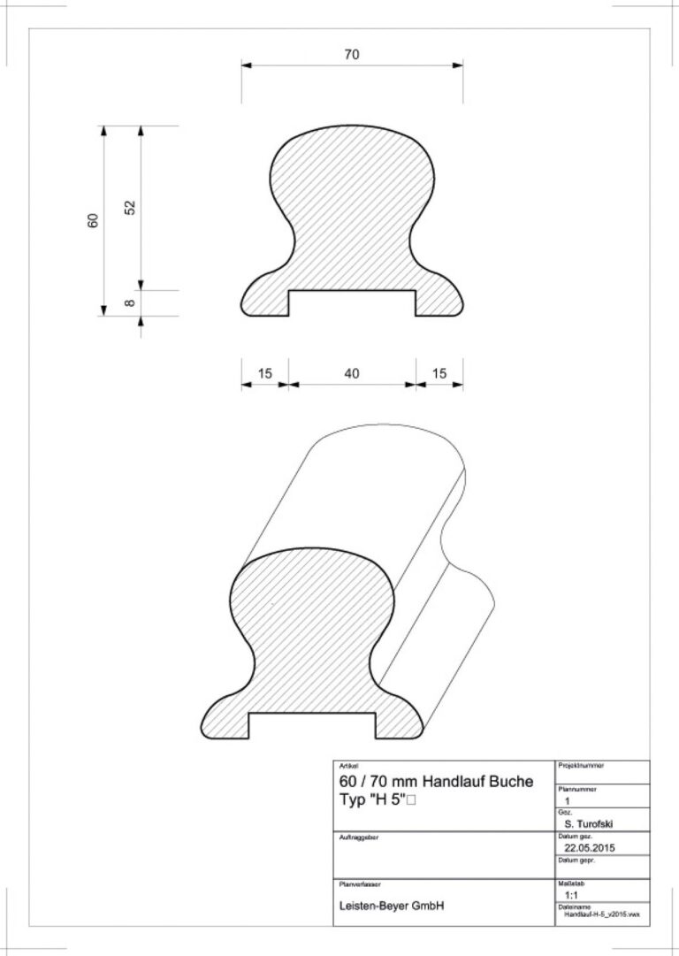 60 mm x 70 mm Handlauf Buche Typ H 5 (Zeichnung)