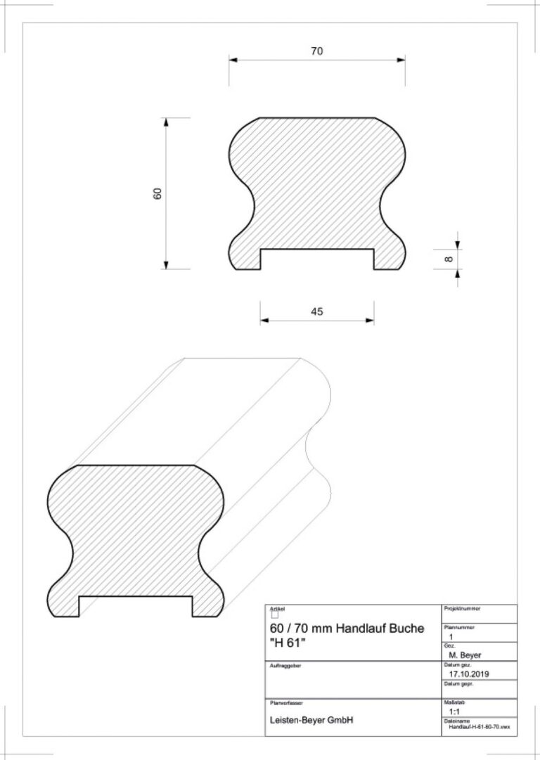 60 mm x 70 mm Handlauf Buche Typ H 61 (Zeichnung)