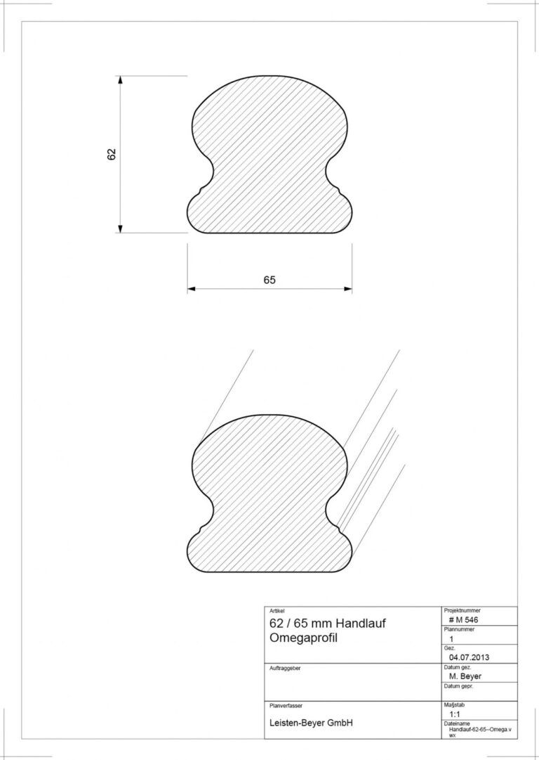 62 mm x 65 mm Handlauf Buche Omega Typ H 16 (Zeichnung)