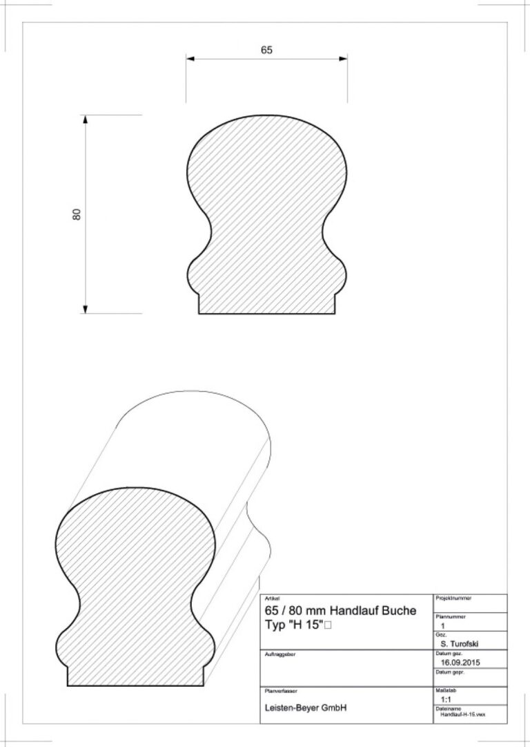 65 mm x 80 mm Handlauf Buche Typ H 15 (Zeichnung)