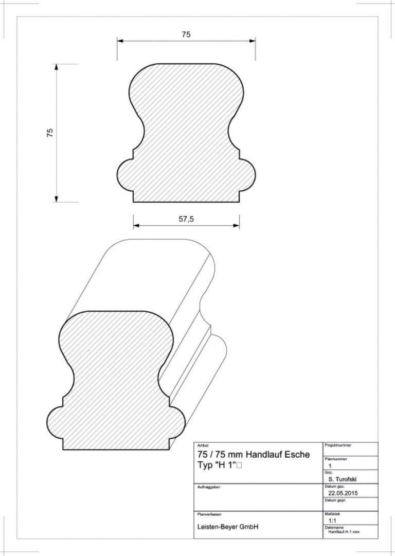 75 mm x 75 mm Handlauf Esche Typ H 1 (Zeichnung)