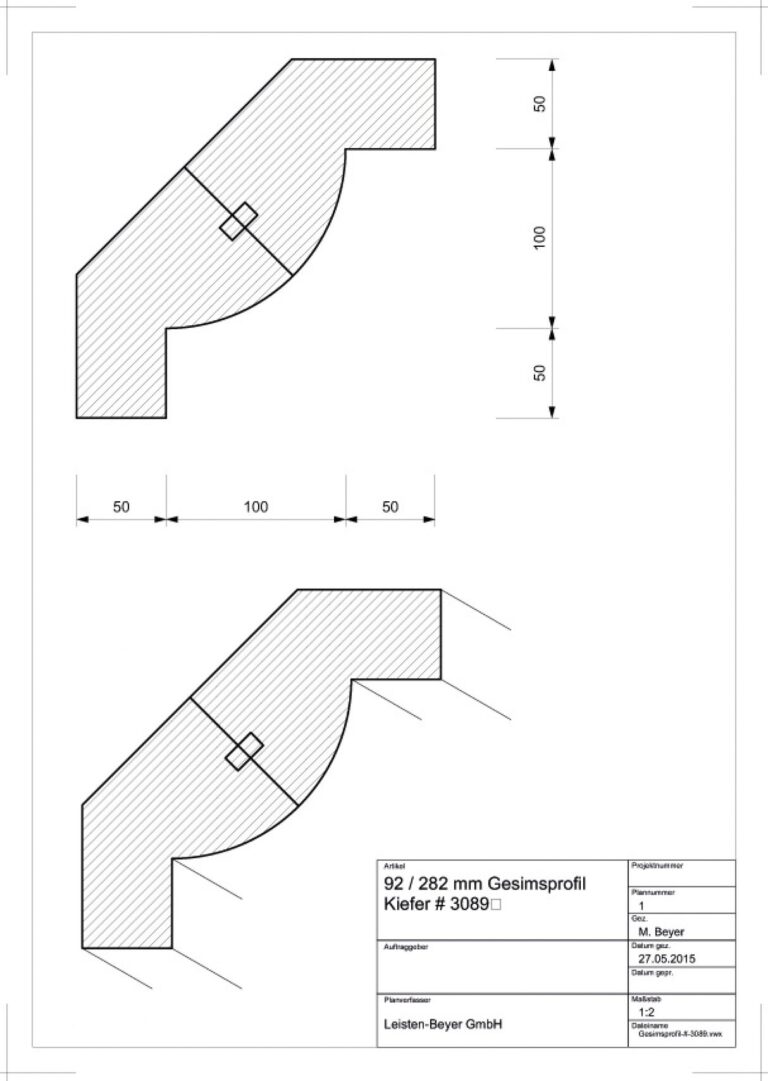 92 mm x 282 mm Gesimsprofil Kiefer # 3089 (Zeichnung)